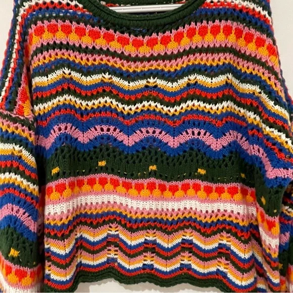 XL Women’s Crochet Sweater Boho Festival Colorful Hand Knit Flare Sleeve - Picture 2 of 5